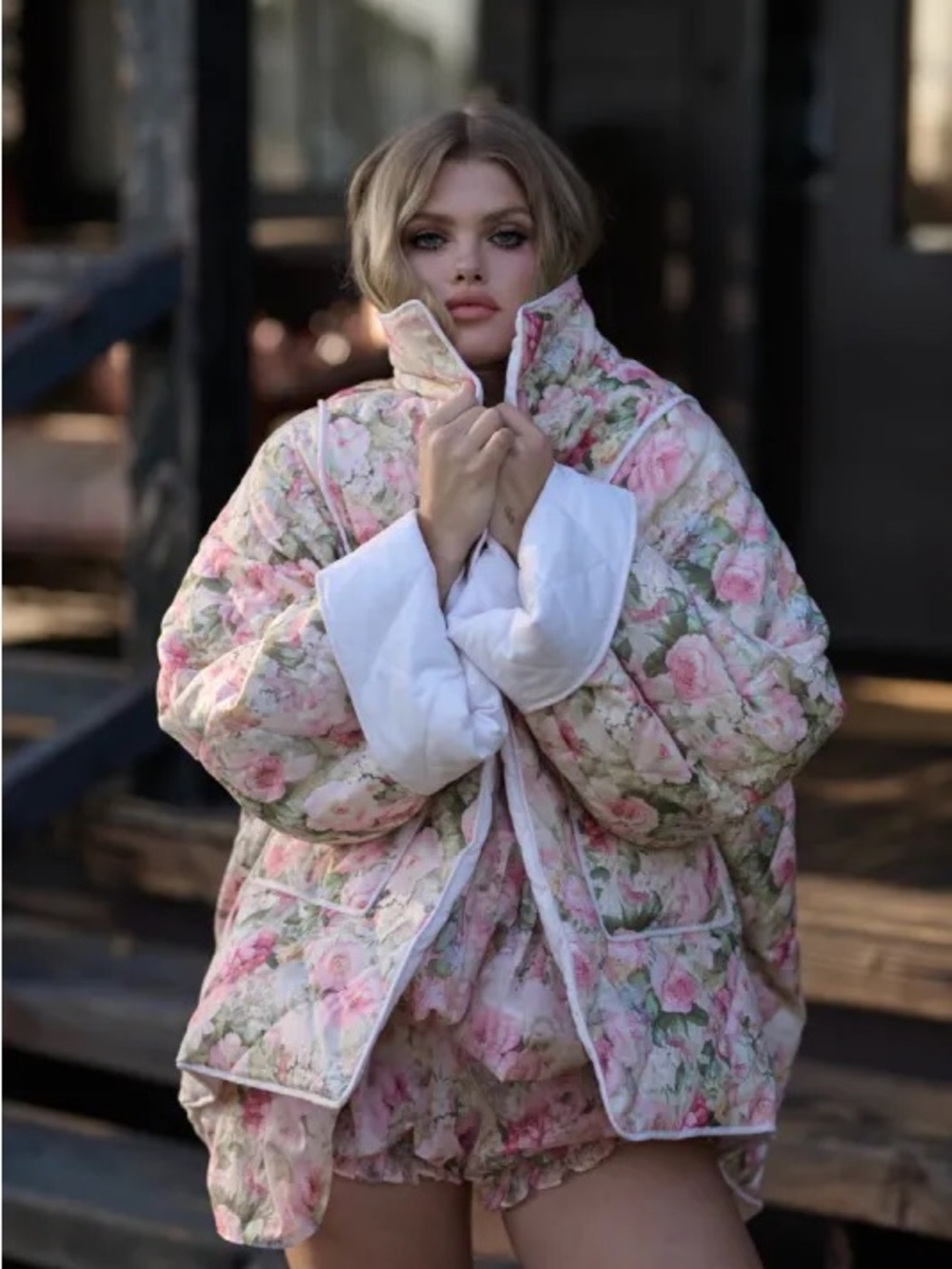Selkie Floral Quilted Puffer Jacket in Pink and Cream - Picture 9 of 9